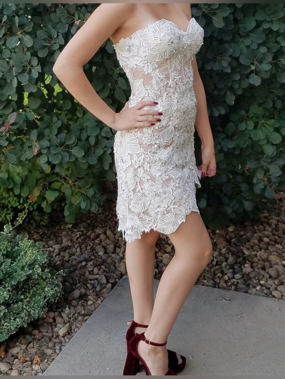 Sherri Hill Strapless Ivory Floral Lace Mini Dress